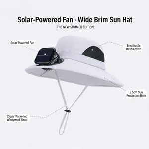 White solar fan sun hat with wide brim, waterproof quick-dry fabric and mesh vents