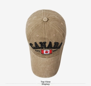 Close-up of khaki washed canvas baseball cap with Canada flag and maple leaf embroidery