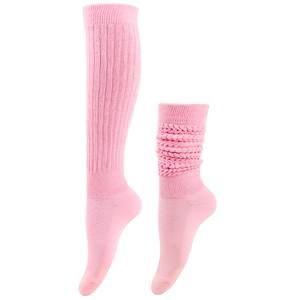 Detailed knit texture of pink cotton slouch socks showing over-the-knee and stacked style