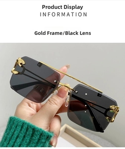 Detail of luxury rimless sunglasses with gold leopard head carving on the temple hinges