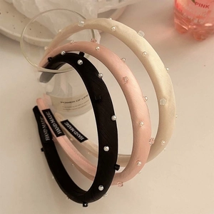 Elegant Padded Headband Satin Fabric With Faux Artificial Pearl And Crystal Beads High Skull Top Hair Hoop For Women