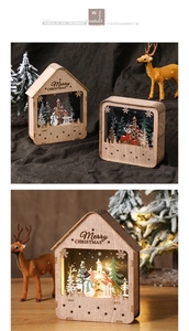 Detail of warm LED lighting inside laser-cut wooden Christmas cabin with Santa and reindeer