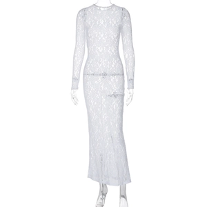 Close-up of intricate white lace embroidery and sheer fabric texture on long sleeve dress