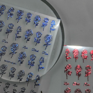 3D bronzing rose nail art stickers with laser metallic blue and red floral patterns