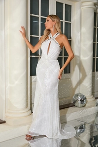 Detail of white sequin gown with halter neck cross design and front chest cutout detail