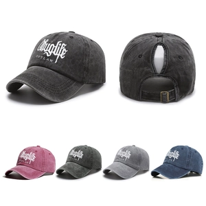 Washed Cotton Ponytail Baseball Cap Distressed Retro Thuglife Outlaw Embroidery Adjustable Outdoor Sun Hat For Women