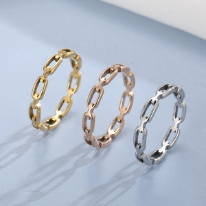 Minimalist stainless steel interlocking chain rings in gold, rose gold, and silver finishes