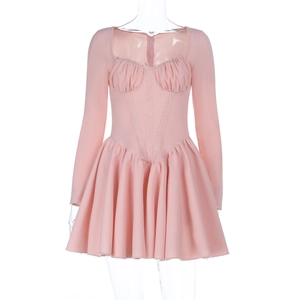 Detailed pink long sleeve mini dress featuring diamond neckline and lace waist trim