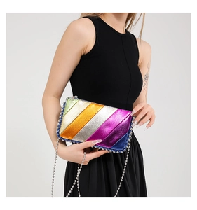 Macro detail of rainbow striped chain bag with metallic finish and silver bead trim
