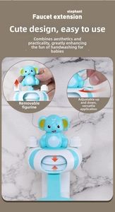 Detail of blue elephant faucet extender with detachable doll and adjustable guide