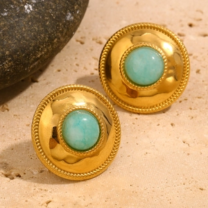 Vintage Round Stud Earrings 18K Gold Plated Stainless Steel With Amazonite Geometric French Style For Women