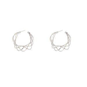 Silver hollow twisted C-shape hoop earrings with a woven textured metal design