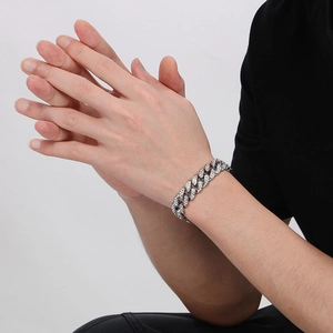 Hip hop silver stainless steel Cuban link bracelet with clear micro-pave diamonds for men