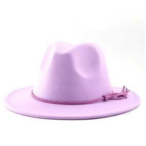 Detail of lavender wide brim fedora with matching woven band and stylish tassels