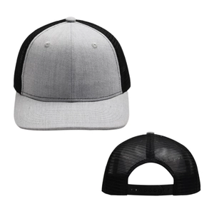 Flat brim trucker hat with grey front and black breathable mesh for outdoor casual style