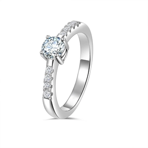 925 Sterling Silver Ring with Round Brilliant Cut Moissanite and Pave Diamonds