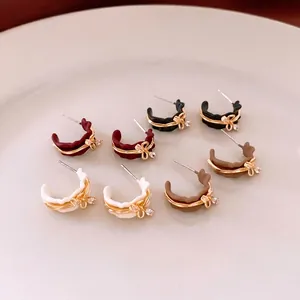 Vintage 18k gold plated bow knot C-shape earrings set with zircon in four colors