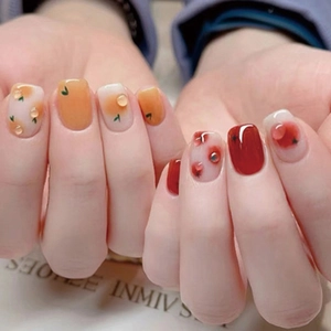 Short Square Press On Nails Glossy Fruit Pattern Orange Tomato Cute Sweet Style Artificial False Nails With Glue