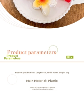 Detail view of 8cm yellow frangipani flower hair claw clip with specific dimensions