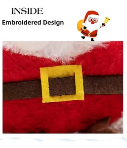 Close-up of Santa plush toy with detailed embroidered facial expressions and felt belt