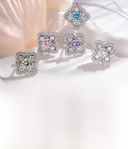 Detail showing titanium steel flower stud earring with micro-set zircon and silver finish