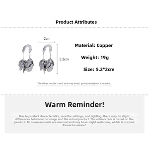 Detailed specs of silver leaf drop earrings with hammered texture and dimensions