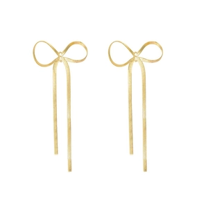 Elegant 18K gold plated stainless steel bow earrings with long tassel chain drops