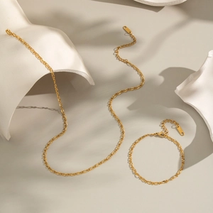 Figaro Chain Necklace And Bracelet 18K Gold Plated Stainless Steel Minimalist Waterproof Hypoallergenic For Women