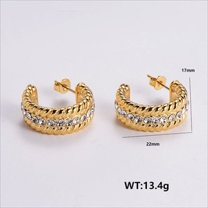Golden twisted C-hoop earrings with white zircon inlays, 17mm x 22mm size dimensions