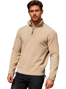 Detail view of khaki half-zip fleece sweatshirt with high collar and warm texture