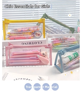 Macro shot of colorful transparent PVC stationery bags showing pencils and desk supplies