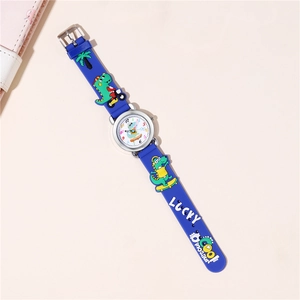 Kids sports watch with blue silicone strap featuring cute cartoon dinosaur patterns