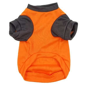 Detail view of orange pet T-shirt with grey trim showing knit cotton fabric texture