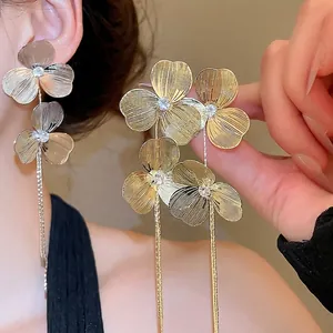Flower Tassel Drop Earrings With 925 Sterling Silver Earring Post Alloy Zircon Hollow Petal Elegant Fashion Jewelry For Women