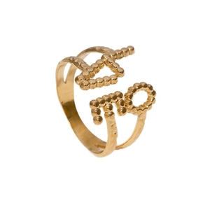 Polished gold plated stainless steel open ring with unique beaded LOVE letter design