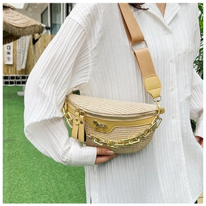 Detail of beige woven belt bag with gold chain and puppy emblem worn by a model