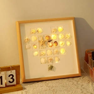 Handmade DIY shell heart shadow box night light with starfish in wooden frame