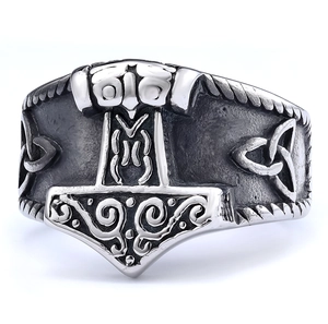 Vintage Thor's Hammer Mjolnir ring in stainless steel with Celtic knot details