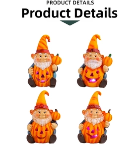 Set of four light-up Halloween gnome resin figurines with pumpkin lanterns and purple LED