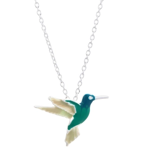 Close-up of hummingbird pendant necklace with green and blue enamel on silver chain
