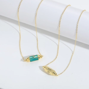 Vintage cylinder zircon pendant necklace set with ME and LUCKY blue enamel charms