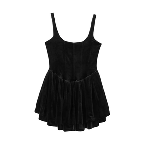 Elegant black velvet corset mini dress with spaghetti straps and pleated skirt on white background