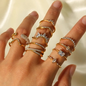 Elegant Stainless Steel Adjustable Ring Women 18K Gold Plated Zircon Inlaid Open Finger Jewelry Minimalist Ins Style Non Fading