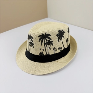 Classic straw fedora hat with palm tree embroidery and black band for beach summer days