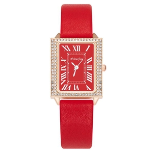 Fashionable square rose gold watch for women with red leather strap and diamond bezel