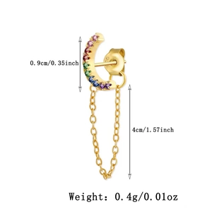 Macro view of S925 sterling silver C-shaped earring with multicolor stones and 4cm chain tassel