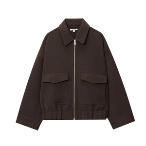 Deep brown cotton canvas zip-up jacket with large flap pockets and elastic hem for women