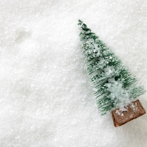 Mini sapin de Noël vert avec neige artificielle sur socle en bois rustique