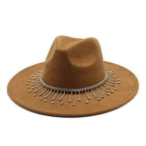 Camel wide brim fedora hat featuring elegant diamond tassel decor and suede texture