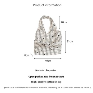Detailed technical diagram of plaid tote bag with size specs and internal pockets